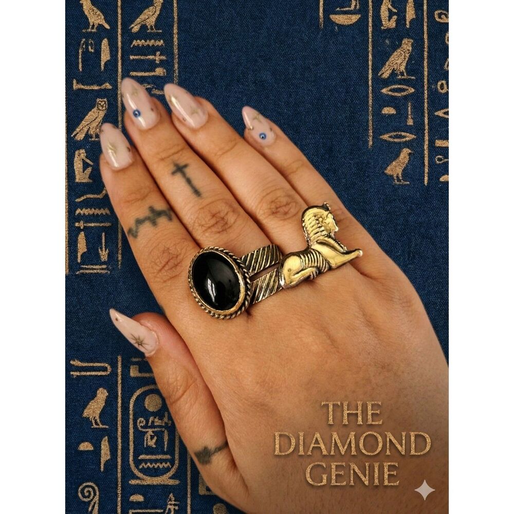 Egyptian Sphinx Ring Black Onyx Adjustable Bypass